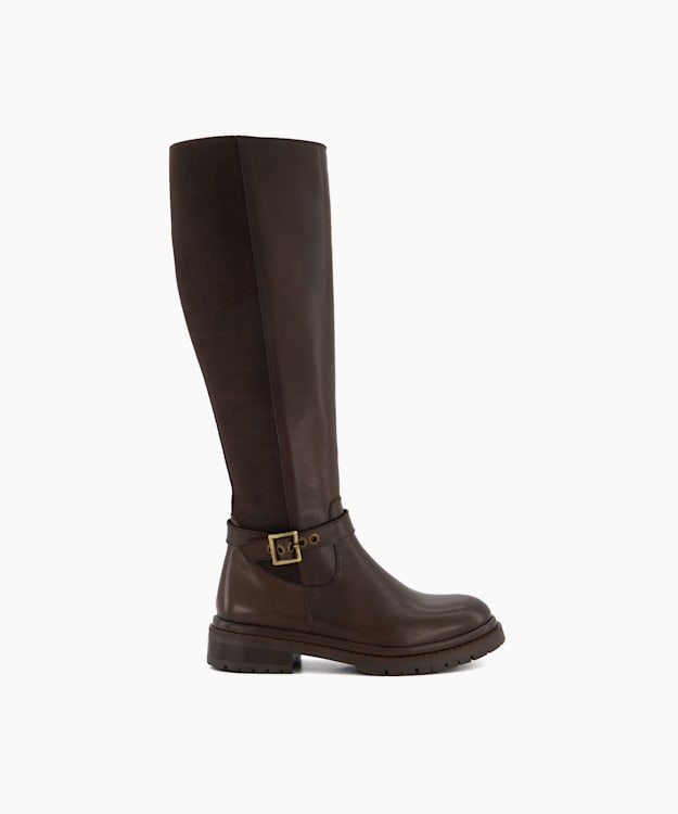 dune london Teller - Brown Buckle-Detail Leather Knee-High Boots
