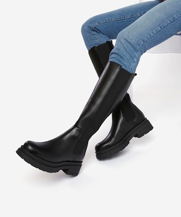 Dune London Tempas - Black Chunky-Sole Leather Knee-High Boots