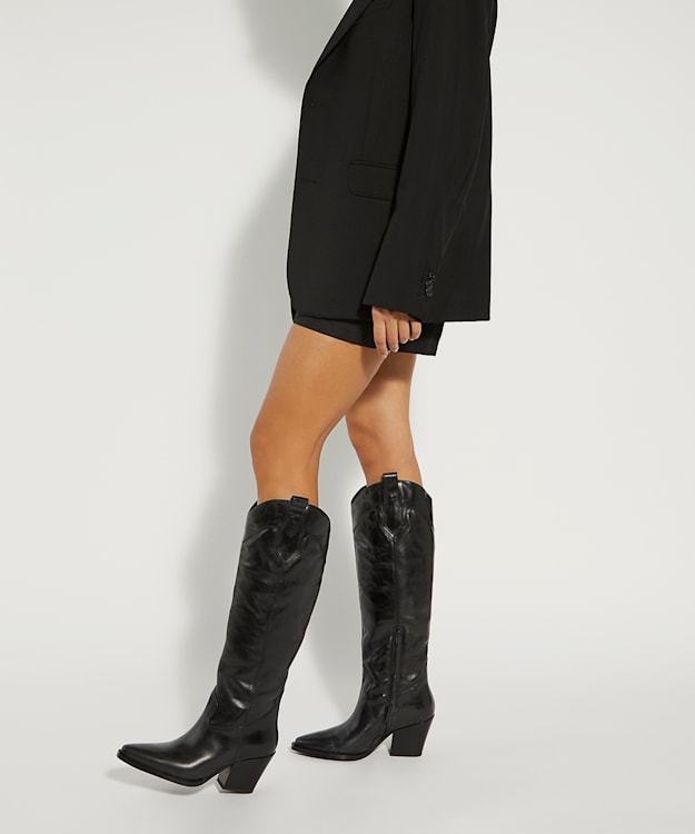 Dune London Tennessee - Black Leather Knee-High Western Boots