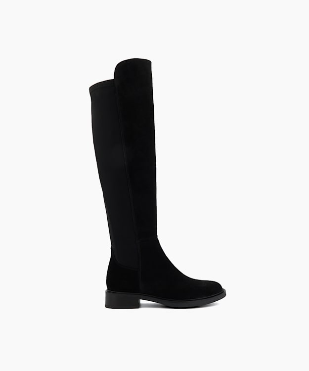 dune london Text - Black Suede Knee High Stretch Boots