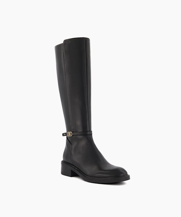 Dune London Tia - Black Branded-Buckle Leather Equestrian Boots