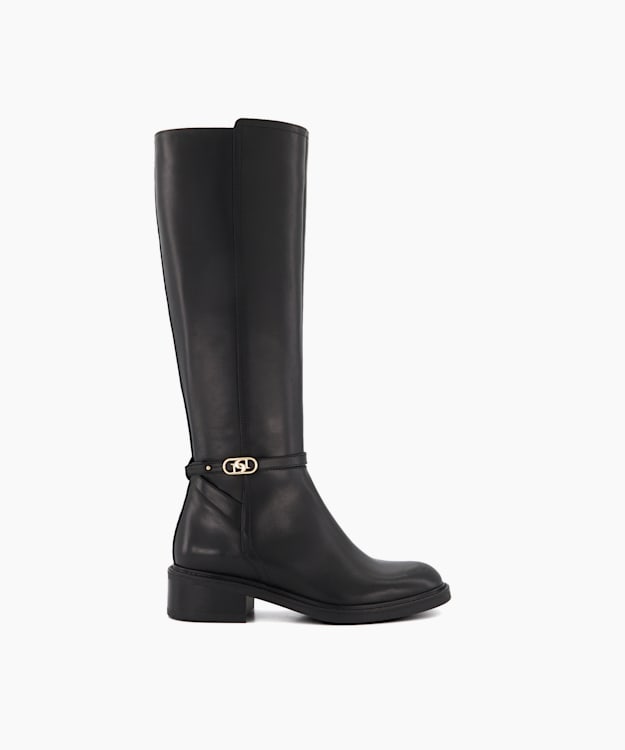 dune london Tia - Black Branded-Buckle Leather Equestrian Boots