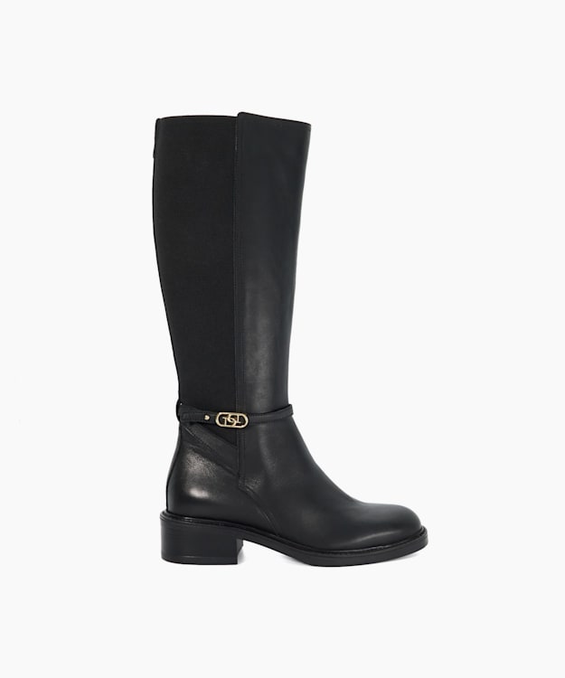 dune london Tias - Black Branded Buckle Knee High Boots