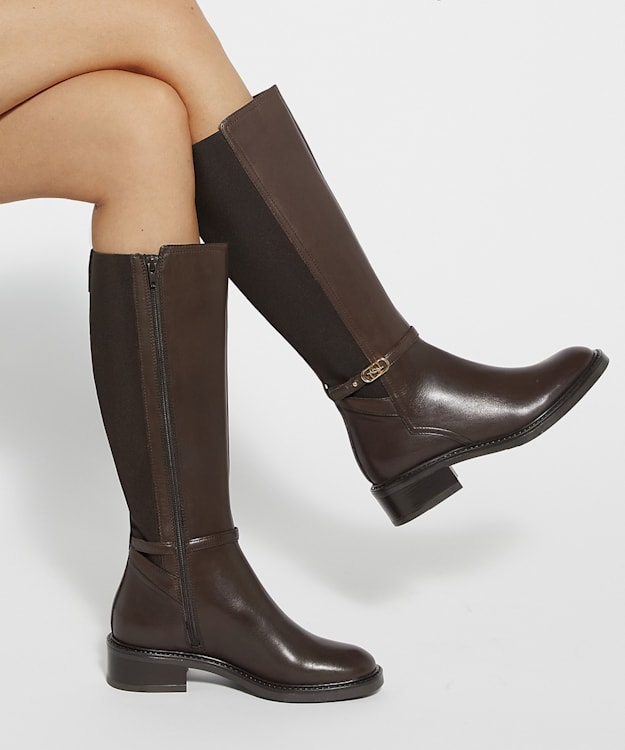 Dune London Tias - Brown Branded Buckle Knee High Boots