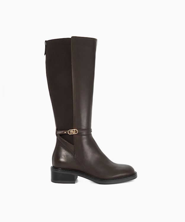dune london Tias - Brown Branded Buckle Knee High Boots