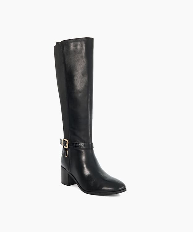 Dune London Tilburies - Black Leather Round Toe Knee High Boots