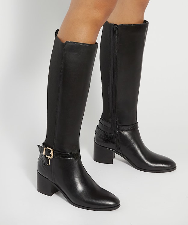 Dune London Tilburies - Black Leather Round Toe Knee High Boots
