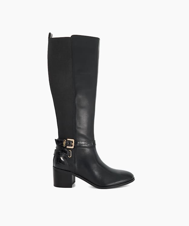 dune london Tilburies - Black Leather Round Toe Knee High Boots