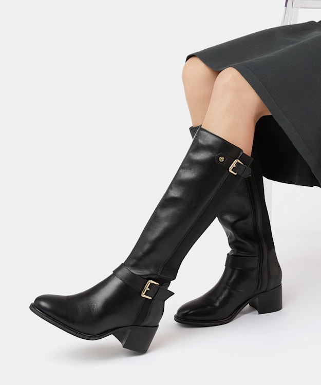 Dune London Tildas - Black Buckle Strap Detail High Leg Boots
