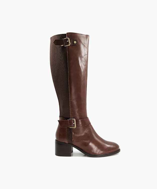 dune london Tildas - Brown Buckle Strap Detail High Leg Boots