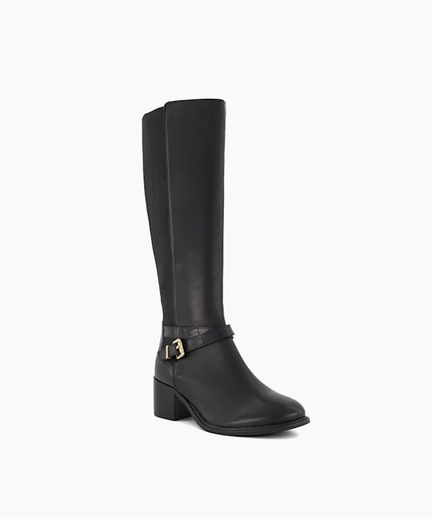 Dune London Tildy - Black Buckled Faux-Croc-Detail Leather Knee-High Boots