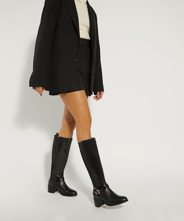 Dune London Tildy - Black Buckled Faux-Croc-Detail Leather Knee-High Boots