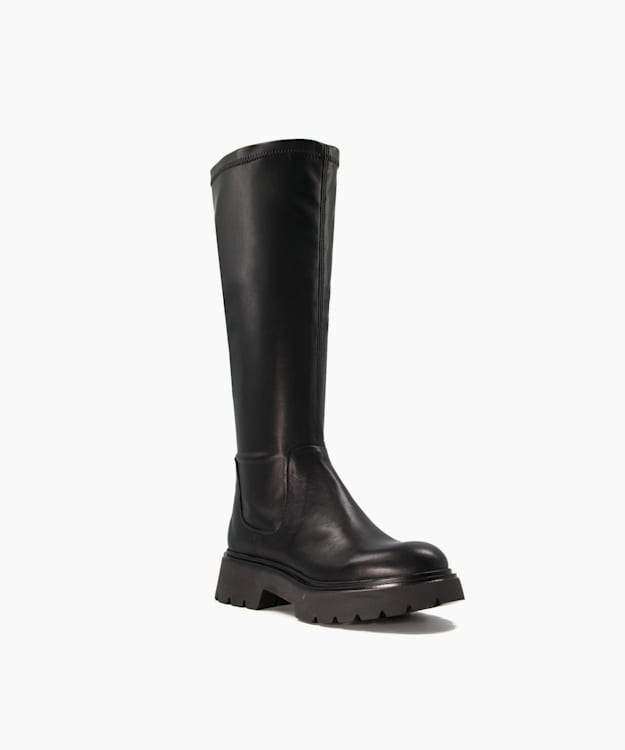 Dune London Tilt - Black Elasticated Leather Knee-High Boots