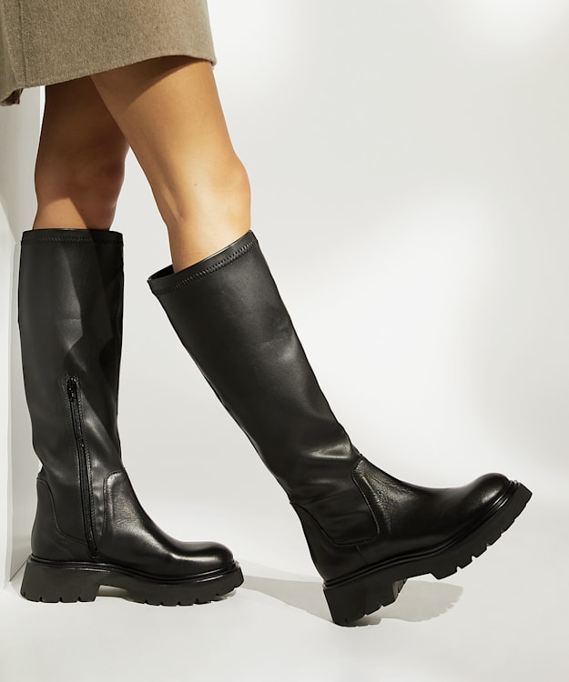 Dune London Tilt - Black Elasticated Leather Knee-High Boots