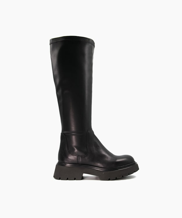 Dune London Tilt - Black Elasticated Leather Knee-High Boots
