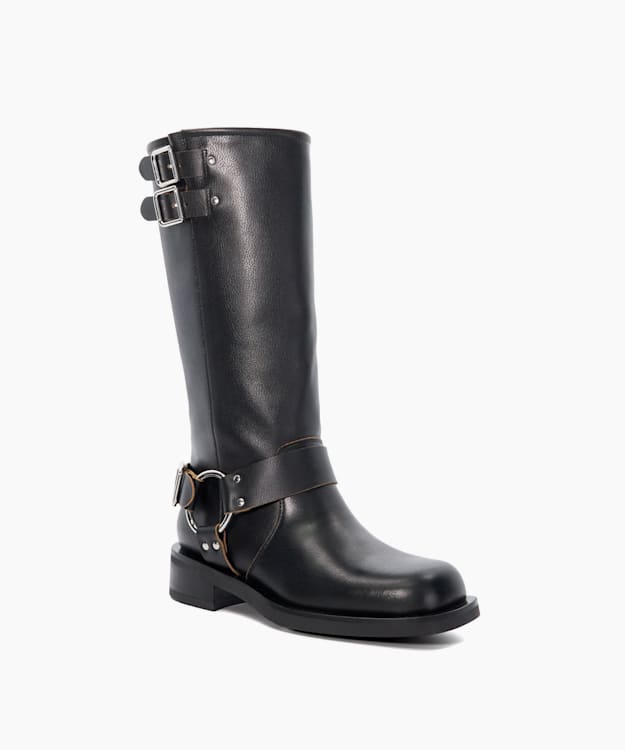 Dune London Totoe - Black Buckle Detail Leather Knee-High Boots