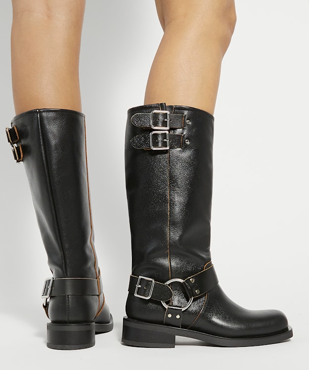 Dune London Totoe - Black Buckle Detail Leather Knee-High Boots