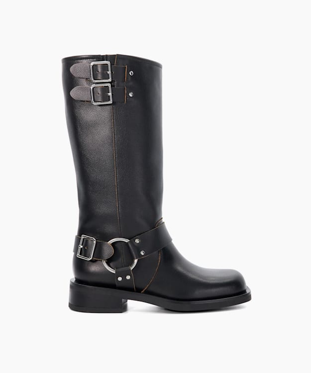 dune london Totoe - Black Buckle Detail Leather Knee-High Boots