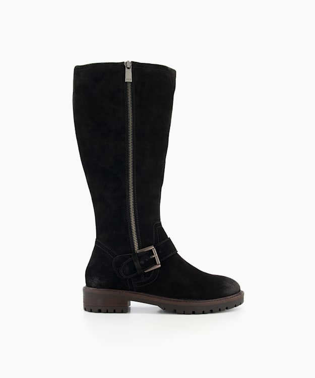dune london Trafalgar - Black Side Zip Flat Knee High Boots