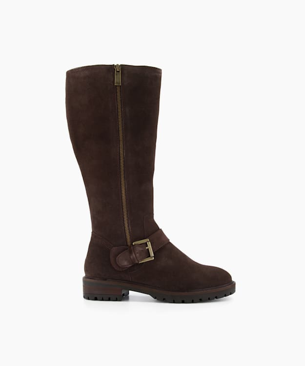 dune london Trafalgar - Brown Side Zip Flat Knee High Boots