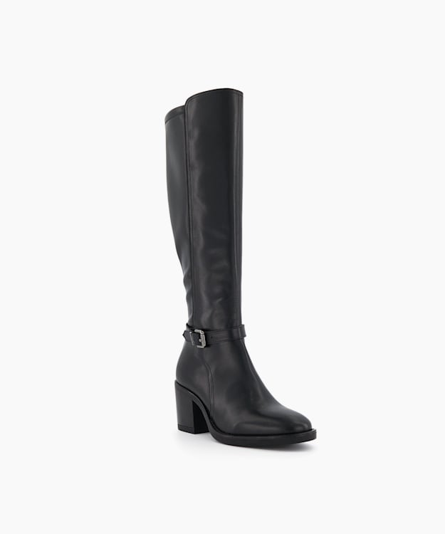 Dune London Trance - Black Leather Knee High Stretch Boots