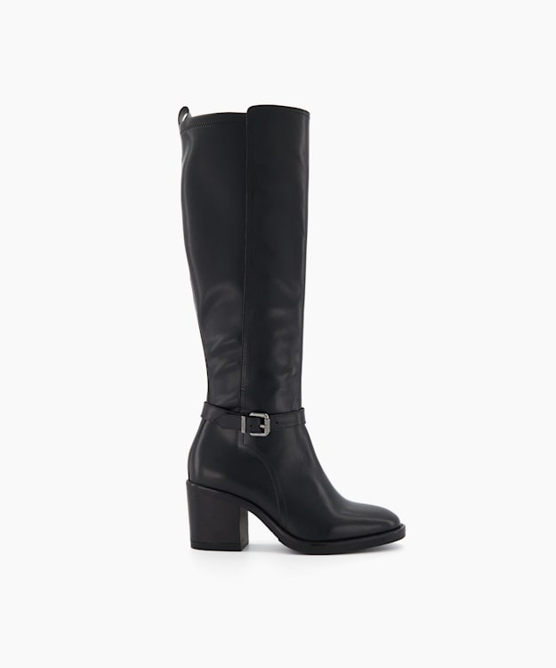 dune london Trance - Black Leather Knee High Stretch Boots