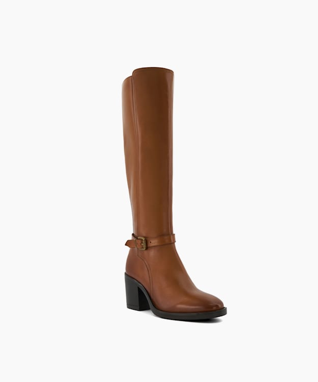 Dune London Trance - Tan Leather Block-Heeled Knee-High Boots