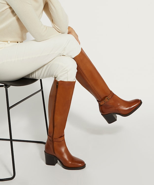 Dune London Trance - Tan Leather Block-Heeled Knee-High Boots