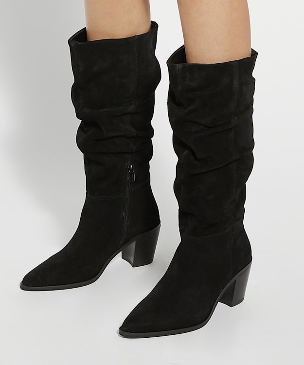 Dune London Troubles - Black Suede Knee High Western Boots