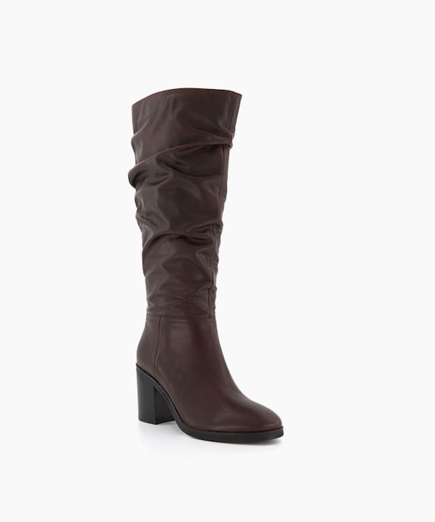 Dune London Truce 2 - Brown Ruched Block Heeled Knee High Boots