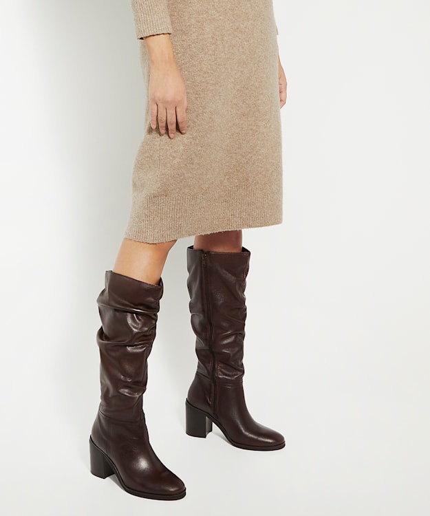Dune London Truce 2 - Brown Ruched Block Heeled Knee High Boots