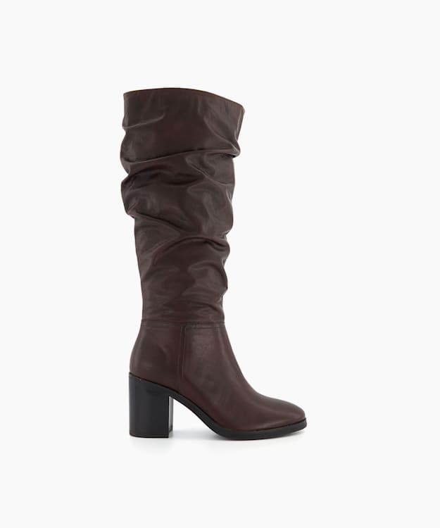 dune london Truce 2 - Brown Ruched Block Heeled Knee High Boots
