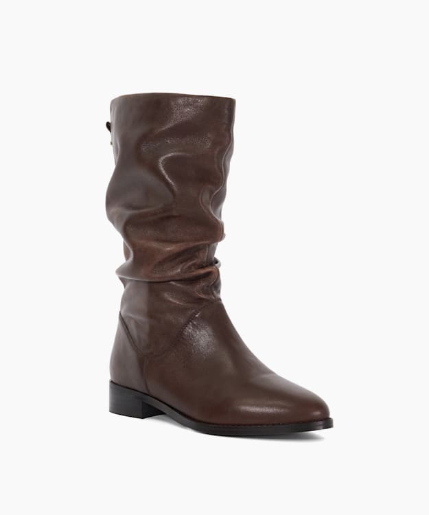 Dune London Trying - Brown Leather Ruched High Leg Boots