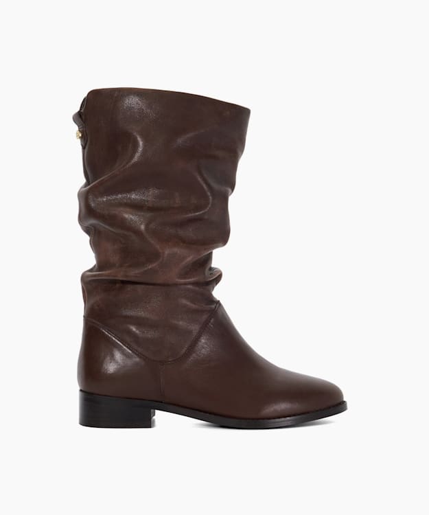 dune london Trying - Brown Leather Ruched High Leg Boots
