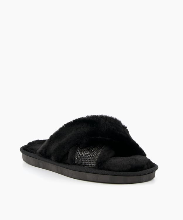 Dune London Winta - Black Diamante Cross-Strap Faux-Fur Slippers
