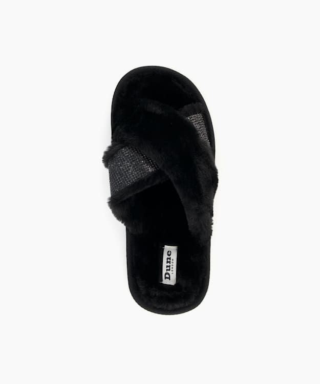 Dune London Winta - Black Diamante Cross-Strap Faux-Fur Slippers