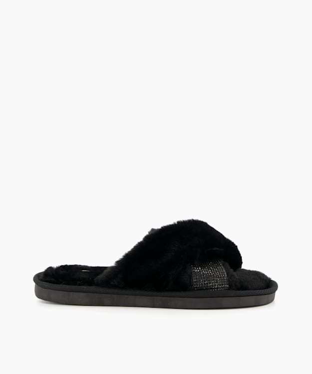 dune london Winta - Black Diamante Cross-Strap Faux-Fur Slippers