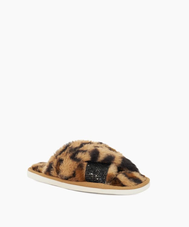 Dune London Winta - Leopard Diamante Cross-Strap Faux-Leopard Slippers