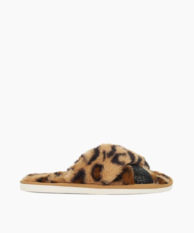 dune london Winta - Leopard Diamante Cross-Strap Faux-Leopard Slippers