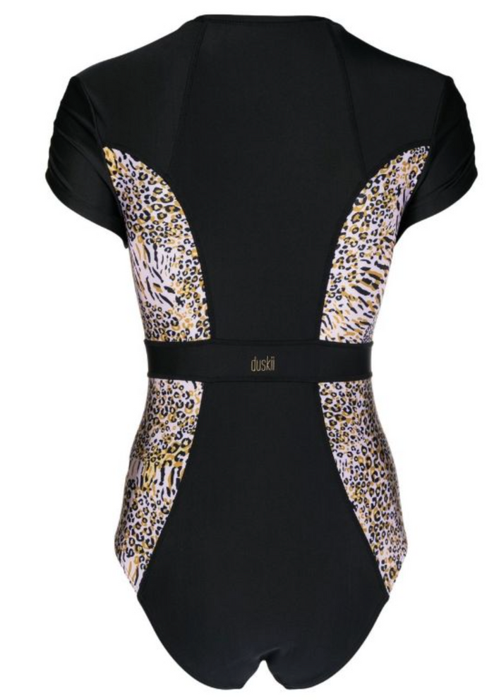 Duskii Short Cap Sleeve Suit | Black & Leopard Print