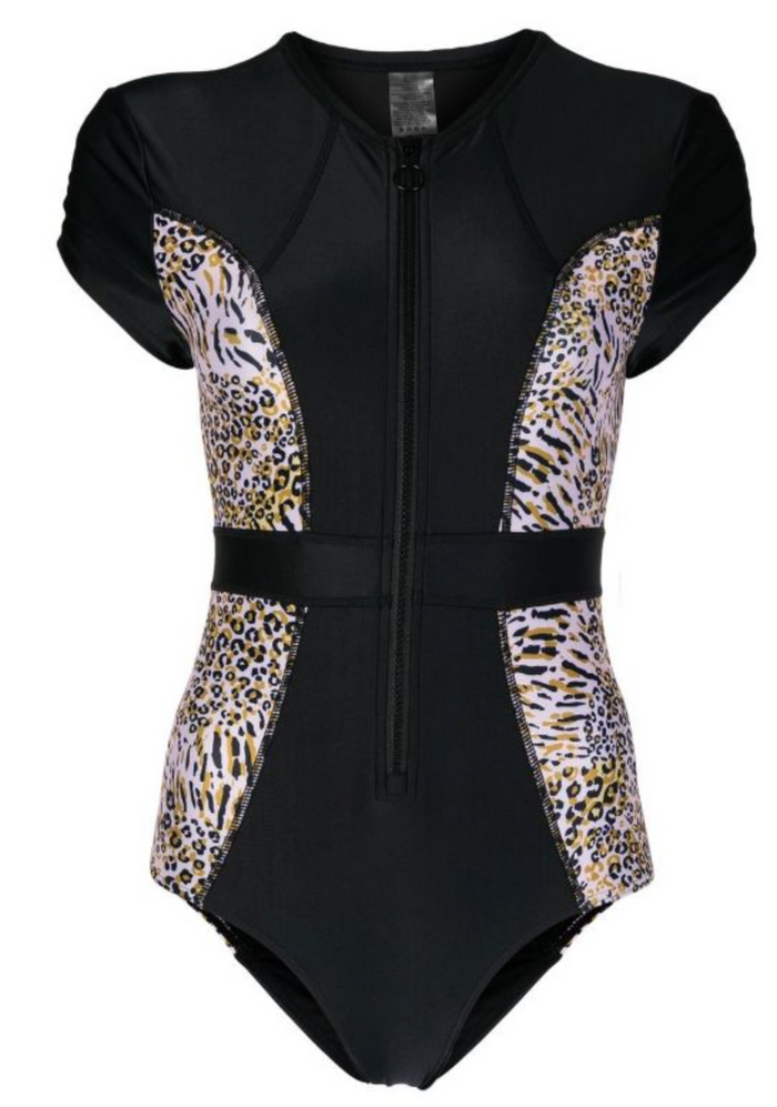 duskii Short Cap Sleeve Suit | Black & Leopard Print