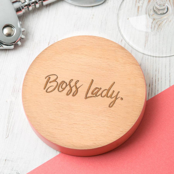dust and things 'Boss Lady' Coloured Edge Wooden Coaster