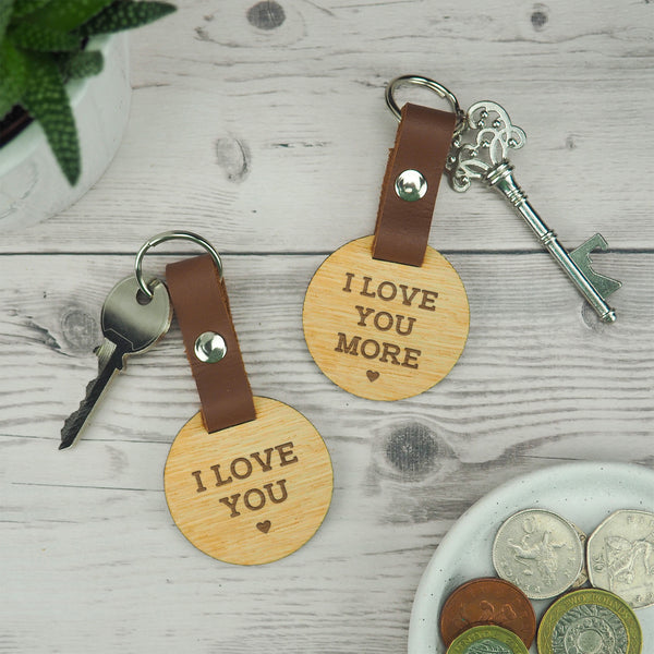 dust and things Engraved 'I Love You / More' Keyring Pair For Couples