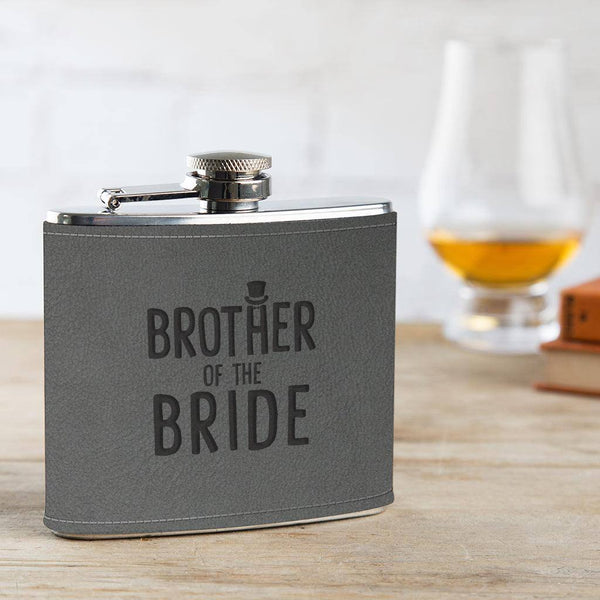Dust And Things Engraved Leather Hip Flask - Groomsman Gifts - Luxury Wedding Gifts - Party Presents From Bride And Groom - 6oz Grey Leather Wrapped Canteen