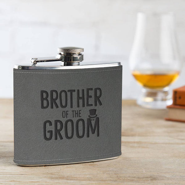 Dust And Things Engraved Leather Hip Flask - Groomsman Gifts - Luxury Wedding Gifts - Party Presents From Bride And Groom - 6oz Grey Leather Wrapped Canteen