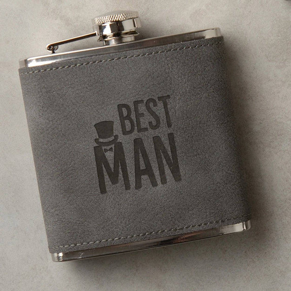 Dust And Things Engraved Leather Hip Flask - Groomsman Gifts - Luxury Wedding Gifts - Party Presents From Bride And Groom - 6oz Grey Leather Wrapped Canteen