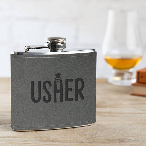 dust and things Engraved Leather Hip Flask - Groomsman Gifts - Luxury Wedding Gifts - Party Presents from Bride and Groom - 6oz Grey Leather Wrapped Canteen