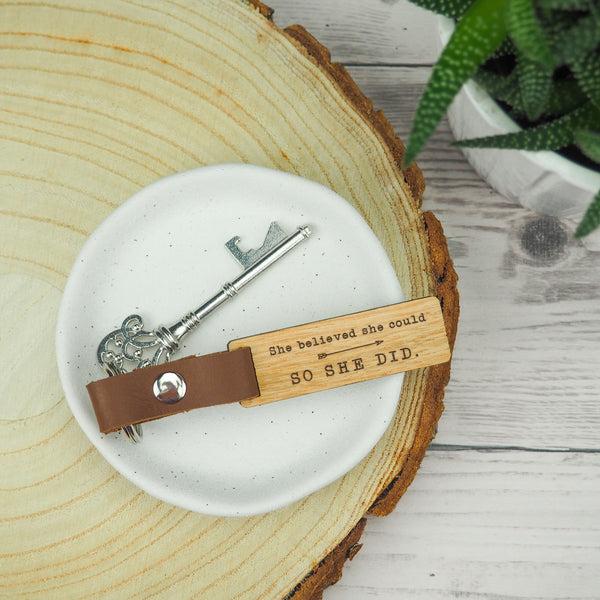 dust and things Engraved "She Believed She Could So She Did" Wooden Keyring