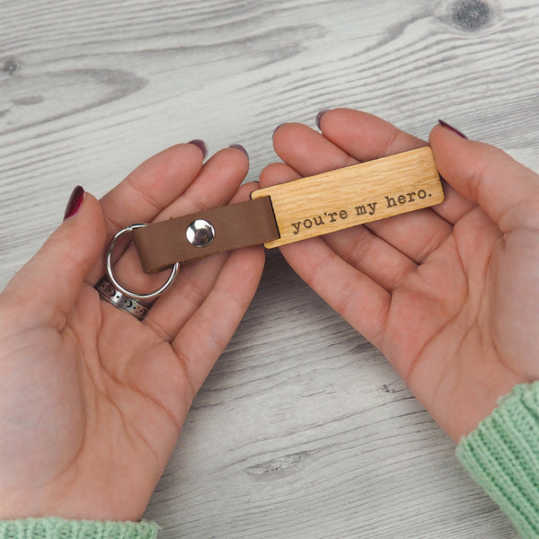 Dust And Things Engraved "You're My Hero" Wooden Keyring