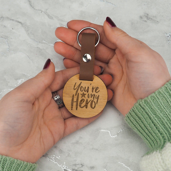 Dust And Things Engraved 'You're My Hero' Wooden Keyring For Dad